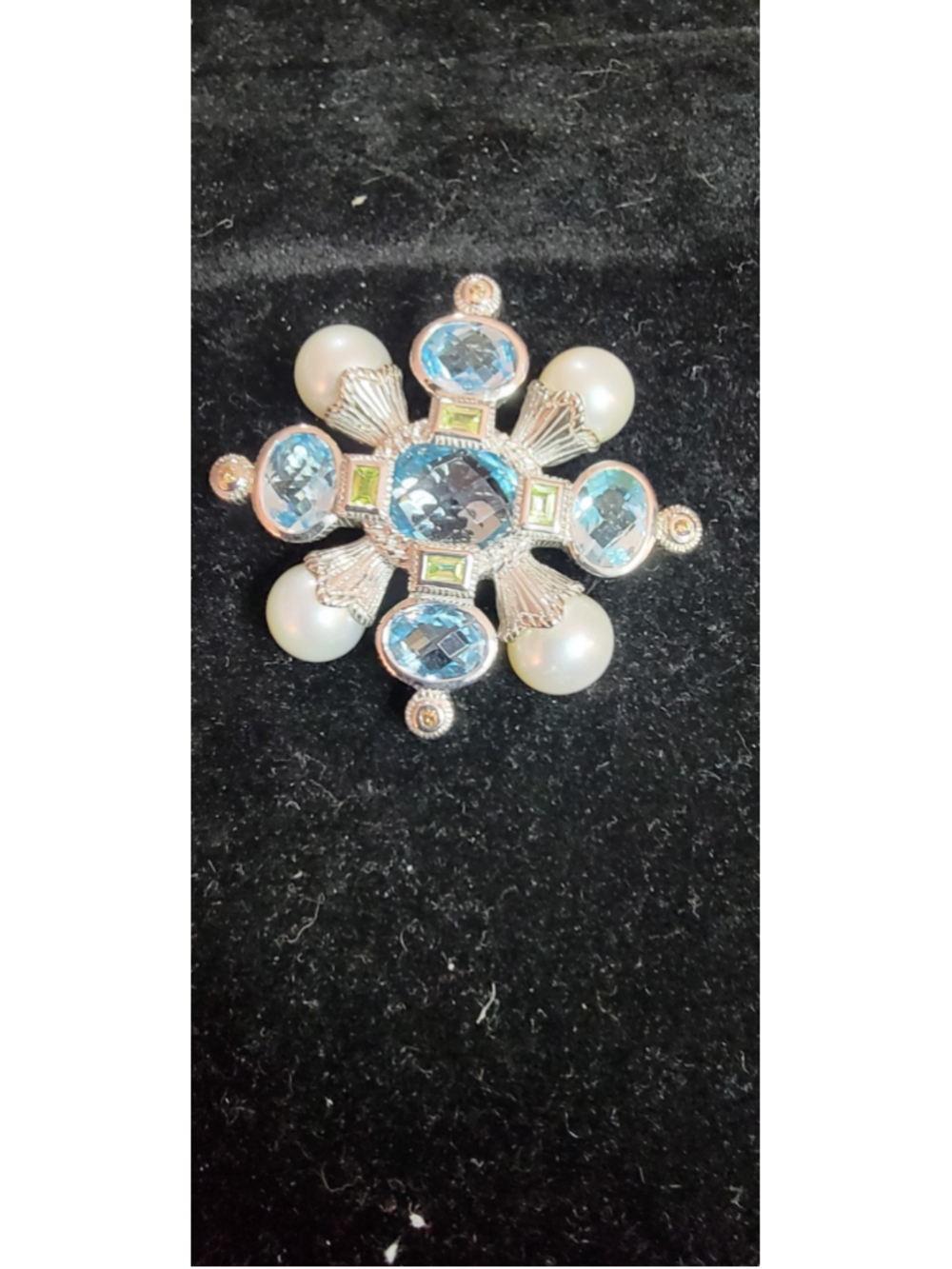 Judith Ripka Sterling Silver Blue Topaz And Pearls Brooch Pin Enhancer Vintage20